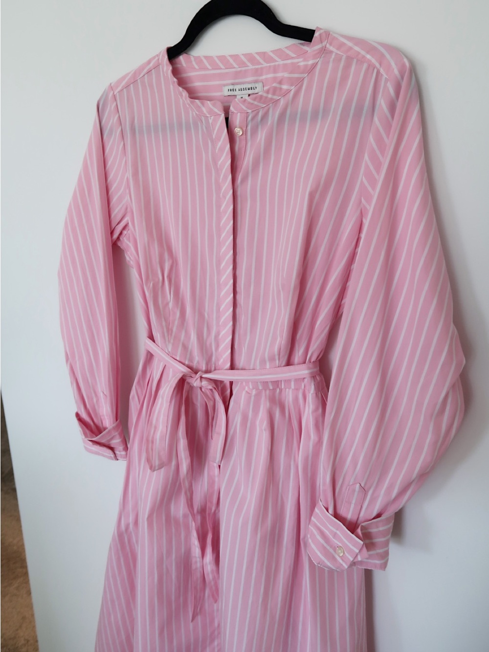 Pink Striped Tie-Waist Long Sleeve Maxi Shirt Dress Women’s Medium